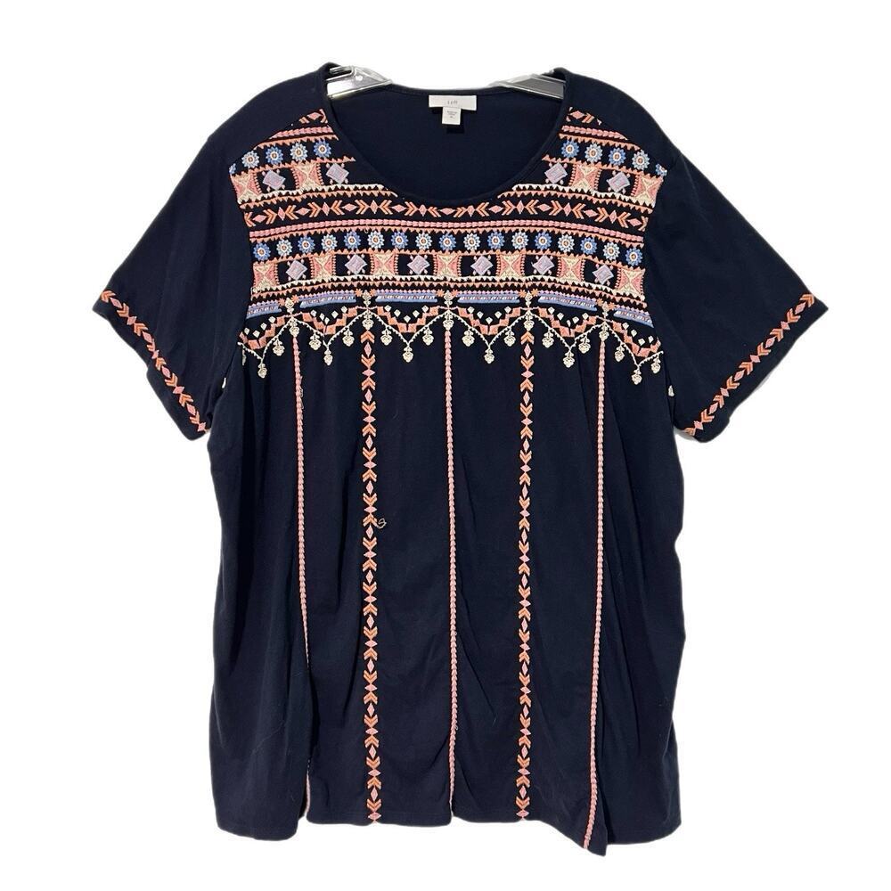 J Jill Womens XL Navy Embroidered Tunic Top Blouse Short Sleeve Floral Boho